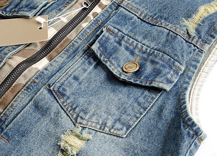 Spring Autumn Fashion Mens Korean Slim Hole Patched Jeans Jacket Hooded Camouflage Vest Coat Male Streetwear 250228Z