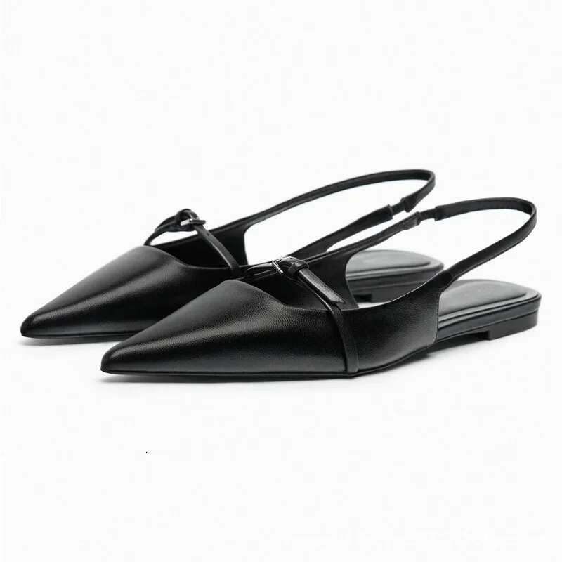 Sgback Flat Bottom Women Sandals Summer Black Leather Pointed Ballet Fashion Low-heel Woman Shoes