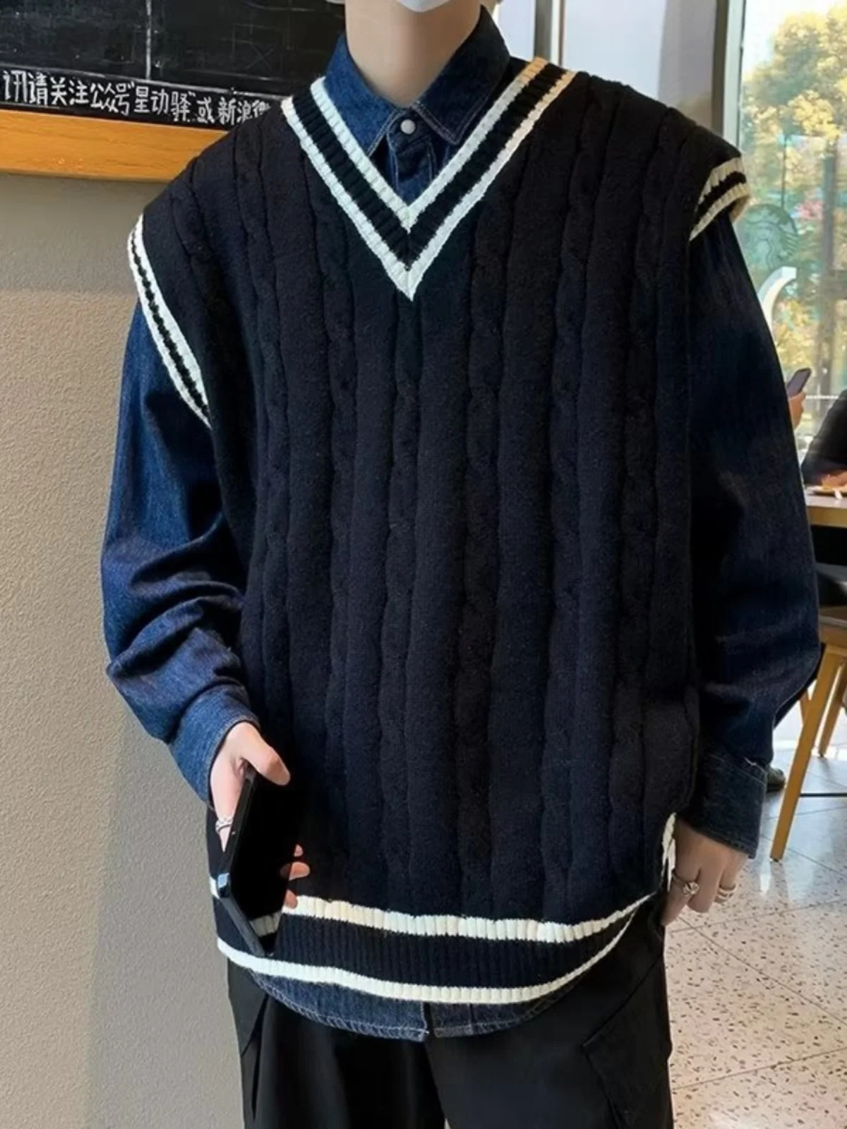 2024 Spring Autumn Men Uniform Vest Fashion V Neck Pullover British Student Sleeveless Waistcoat Knitted Tops Sweaters C119 250228Z