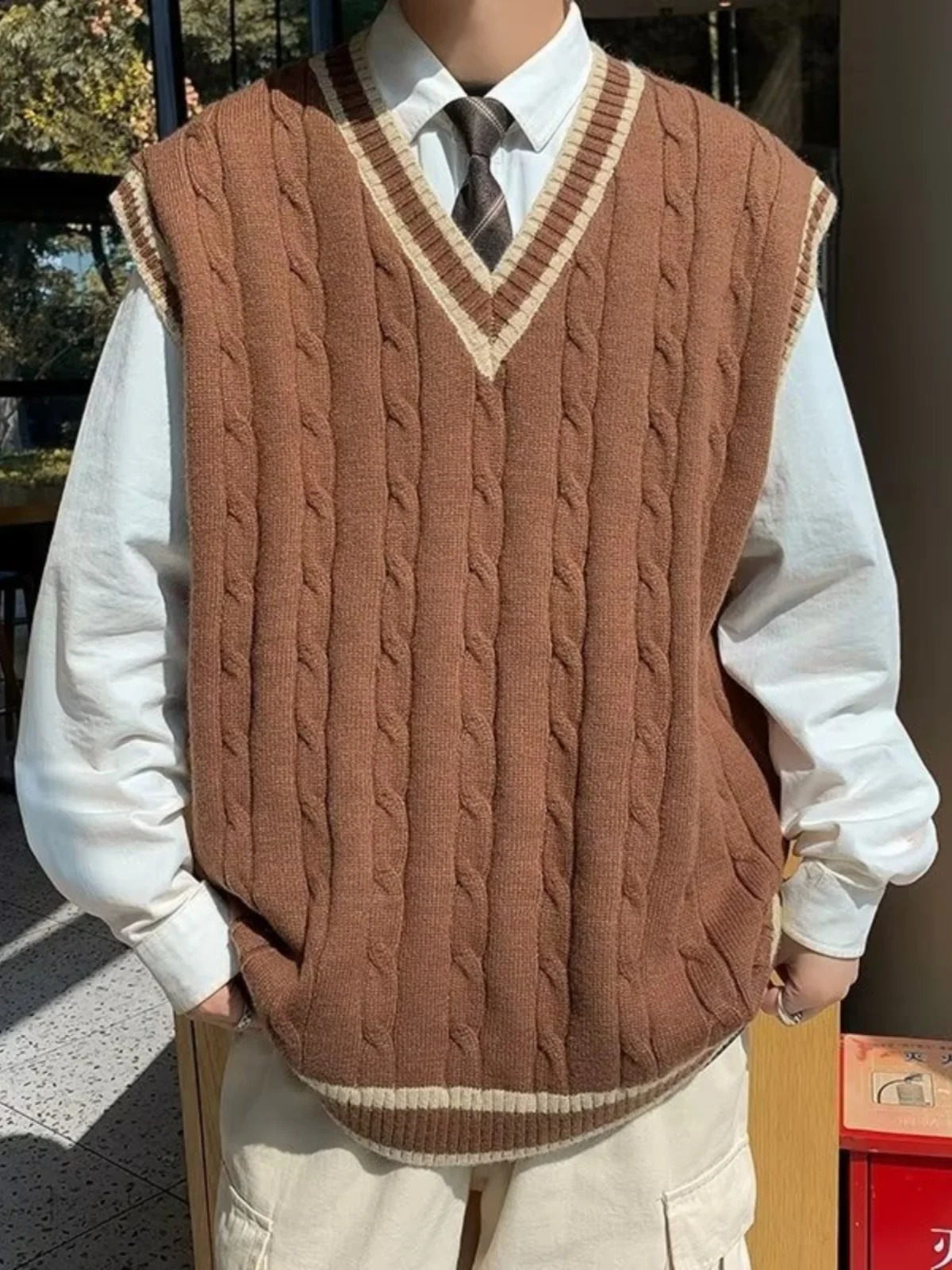 2024 Spring Autumn Men Uniform Vest Fashion V Neck Pullover British Student Sleeveless Waistcoat Knitted Tops Sweaters C119 250228Z