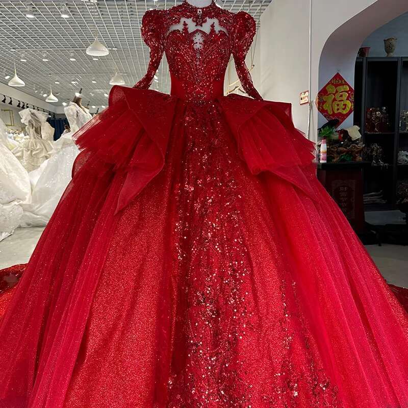 Dresses with Sequins Backless, Wedding Dresses, Full Puff Sleeves, Neck, Red, 2023, XS100