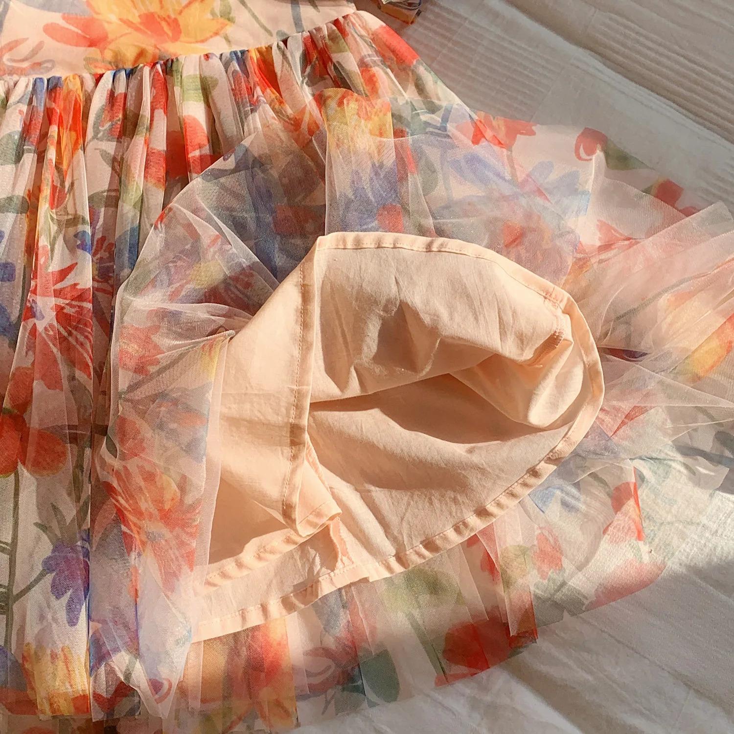 2025 Summer Kids Clothes Puff Sleeve Flower Print Dress For Girls Mesh Kids Dress for Girl 250227