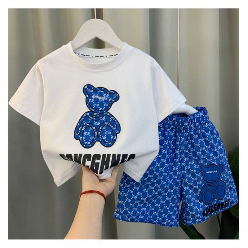 Clothing Sets Summer Boys Suit Summer Suit 2025 New Cotton Short Sleeve Top Ice Silk Shorts Medium Size Childrens Fashionable Two Piece Set Y250228