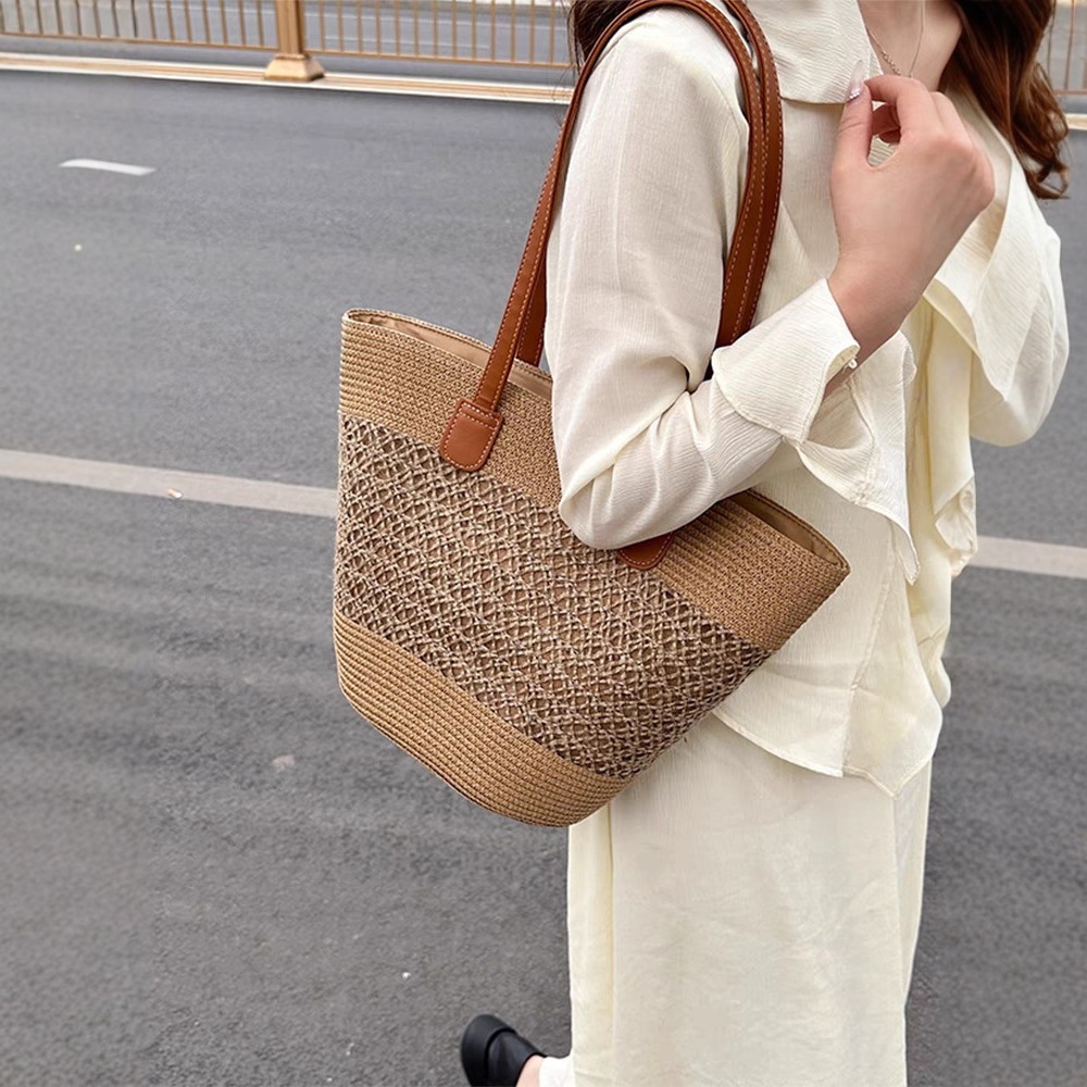 2025Grass bag for women, summer handbag, beach tote large capacity shoulder rattan woven grass bucket bag, trendy #swissmilitary