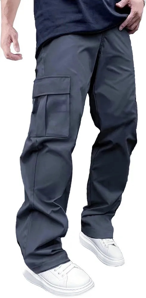 Woven fabric selling solid color casual inventory ordinary mens loose straight pipe work clothes drawstring multiple pockets 250228Z