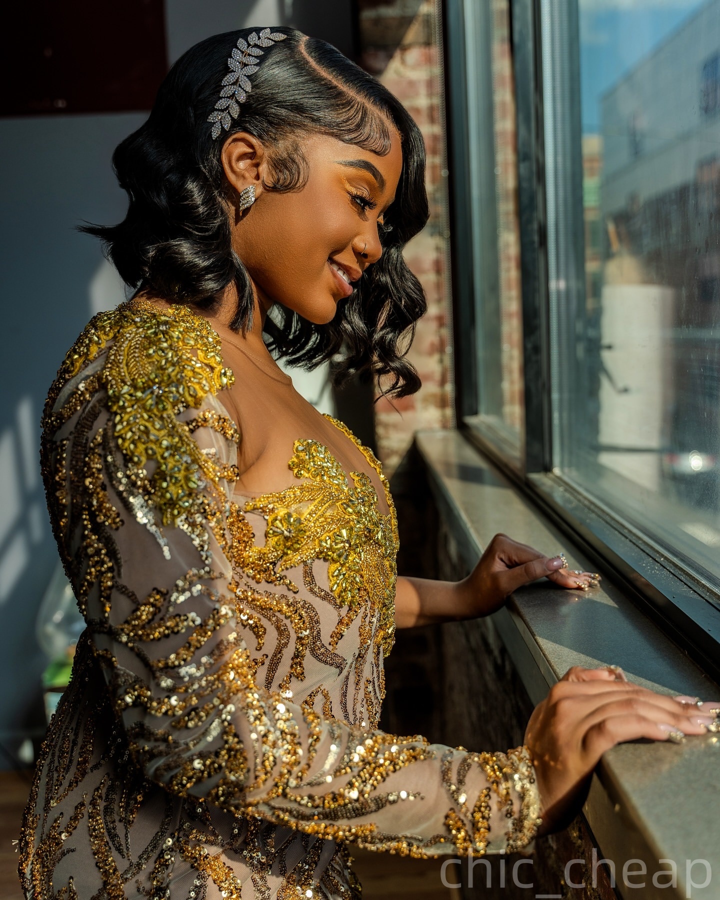 Gold Mermaid Prom Dresses 2025 Illusion Crystals Sequined Full Sleeves Evening Formal Party Second Birthday Engagement Gowns Plus Size Dress For Speci