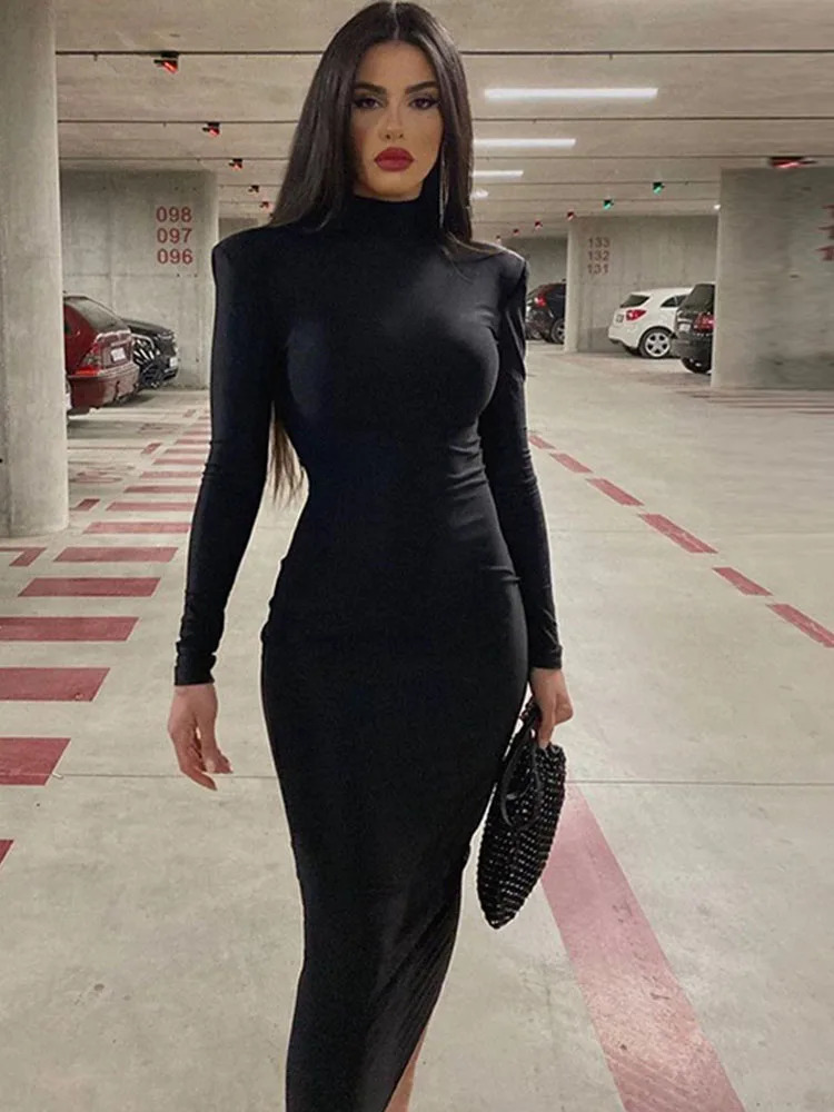 Women Spring Autumn Fashion Long Sleeve Streetwear Bodycon Black Midi Dress Wholesale Items For Business 250226