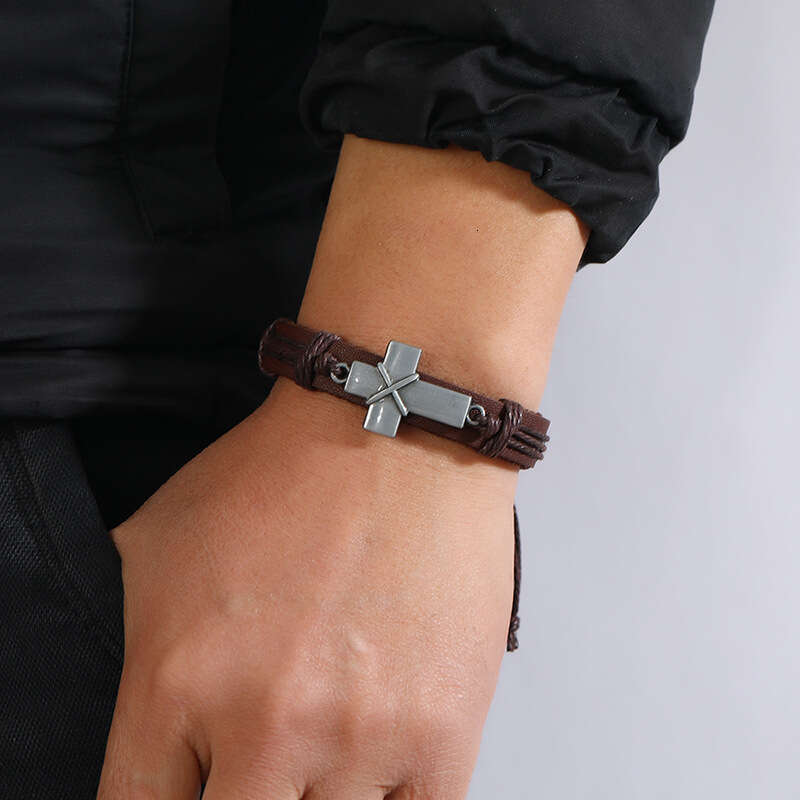 Personalized woven cowhide for jewelry, simple and adjustable cross bracelet with drawstring