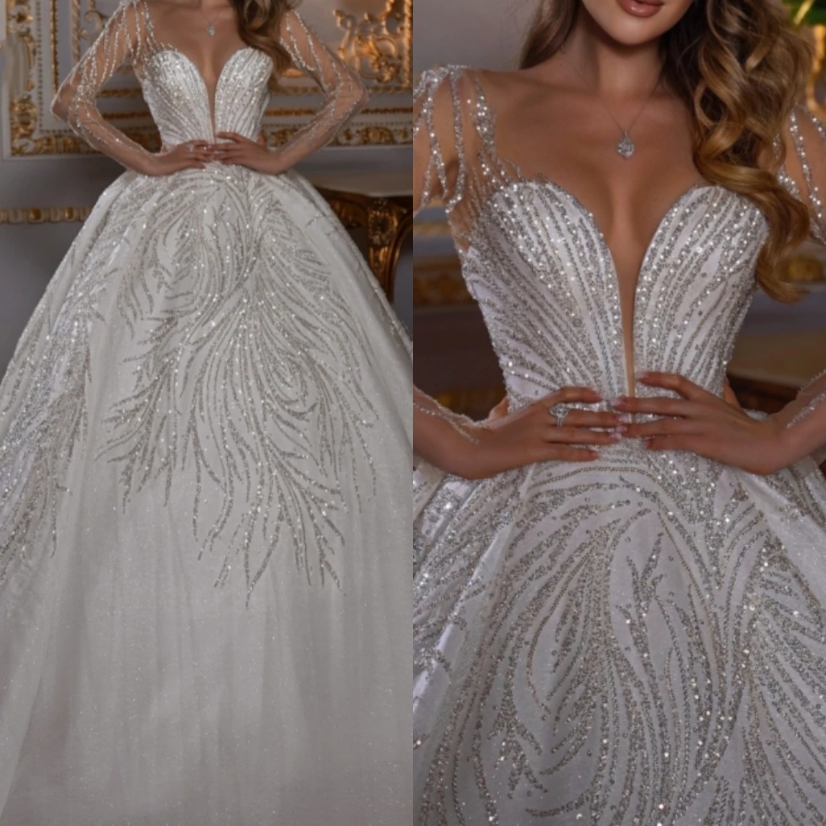 Classic A e Women Wedding Sweetheart Neck Long Sleeves Bridal Gowns Sequins Lace Sweep Train Dress Custom Made