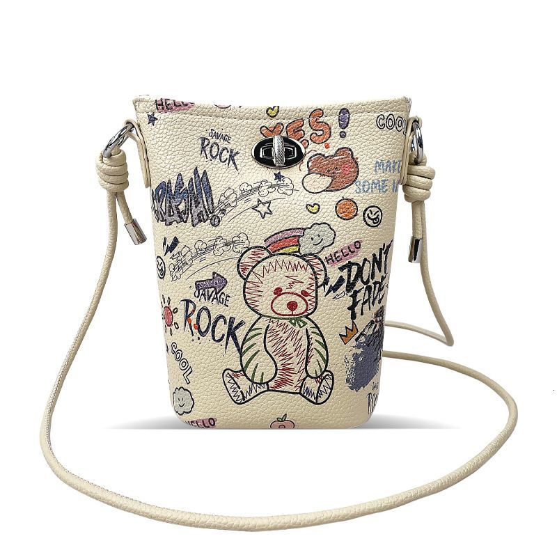 Women's bag Design Graffiti Bear Bucket Fashion Versatile Underarm Portable Messenger Mobile Phone Bag