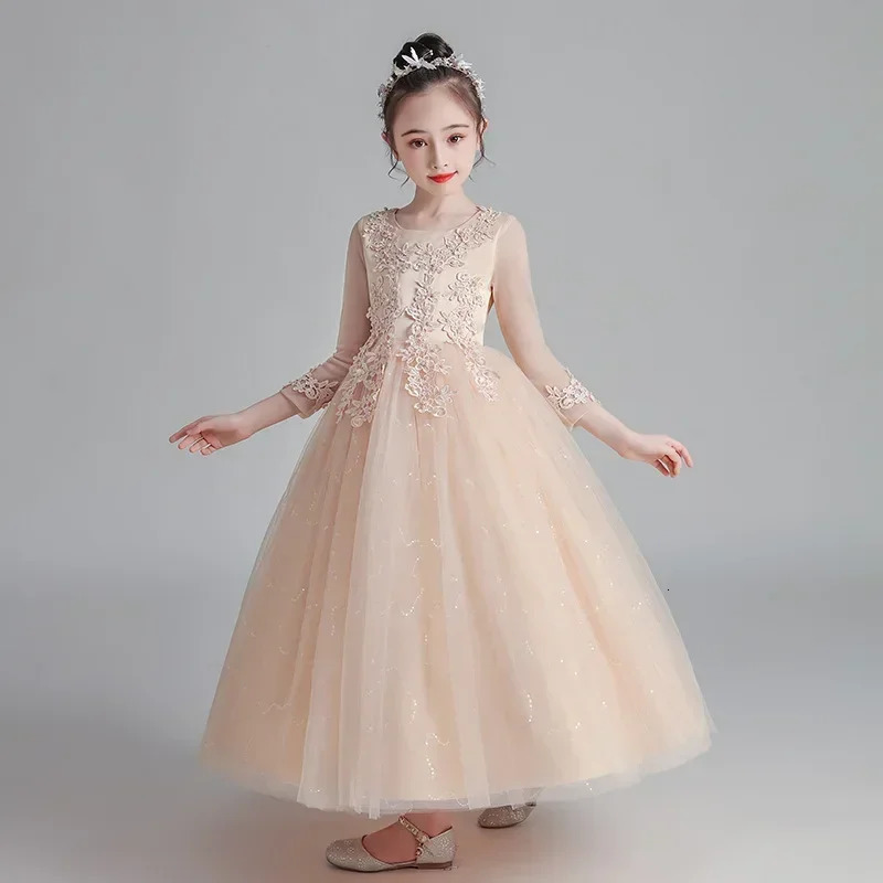 Fashion Flower Girl Dresses for Weddings Lace Long Sleeve Children Bridesmaid Dresses Summer Girls Party Dresses 3-13 Years 250227