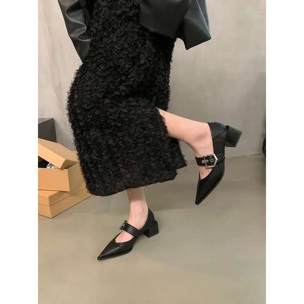 Retro Pointed Mary Jane Small Leather Shoes for Women Autumn and Winter New Korean Version of Chunky Heel Loafers