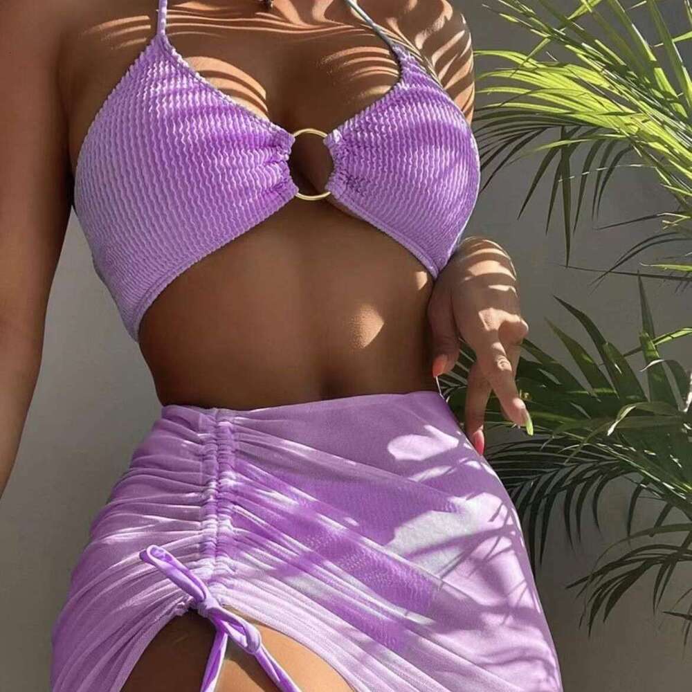 Swimsuit women's multi colored sexy European and American short skirt hanging neck three piece set split swimsuit bikini 2025 temperament versati