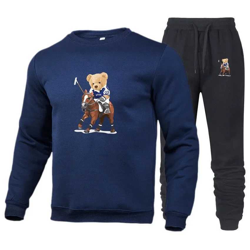 Bear Printed Sweatsuits Mens 2 piece set winter tracksuit mens warm tracksuits sweatshirts sweatpants streetwear jogging set X250228