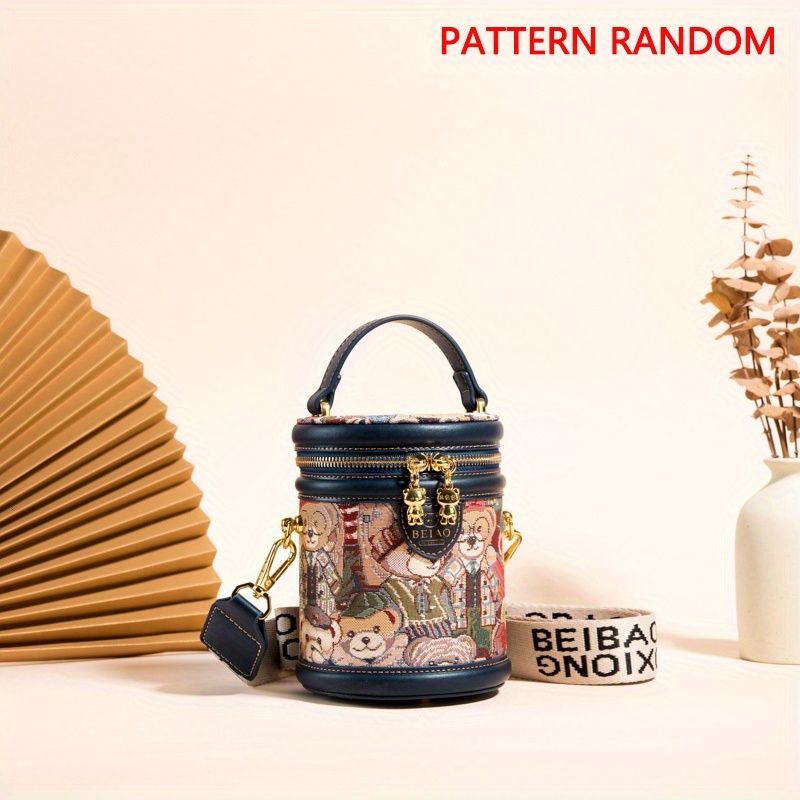 Trendy Bear Pattern Bucket - Mini Double Zipper Crossbody Bag