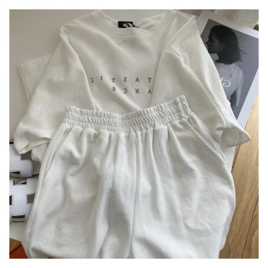 Shorts set summer cotton womens casual twopiece short sleeved Tshirt and high waisted shorts solid dress 250228