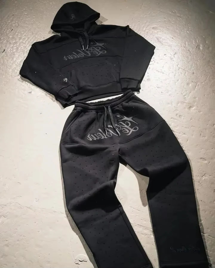 Letters rhinestone sequin hooded sweatshirt twopiece set Y2K mens letter ed casual pants 250228
