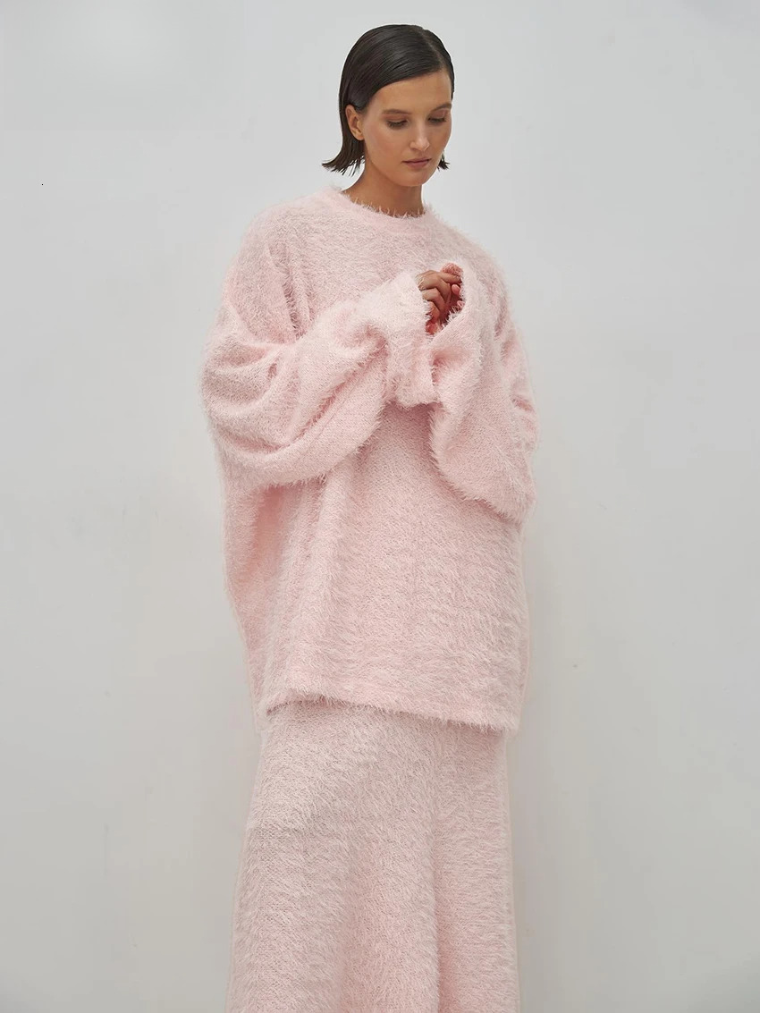 Casual Loose Pink 2 Piece Sets Women Outfit 2024 Elegant Long Sleeve Shirt With High Waist Ankle Length Skirt Set Female
