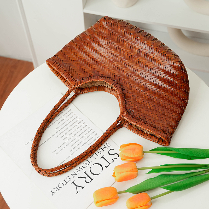 New Hand woven leisure vegetable basket bag with inner vintage shopping 240913