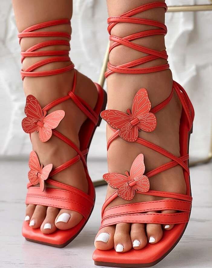 Women's New Fashion Butterfly Pattern Ombre Multi-Strap Casual Lace Up Beach Vacation Flat Sandals