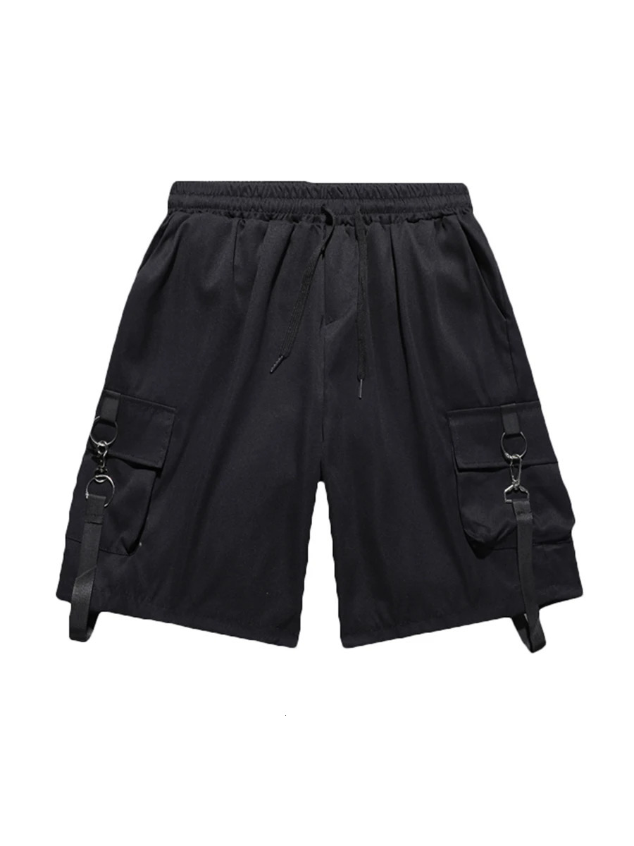 Mens multi pocket cargo short sleeved elastic waist wide leg pocket knee long short sleeved mens loose top E175 250225