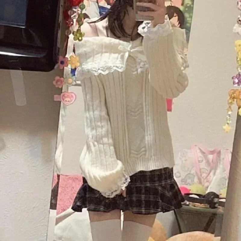 Women Off Shoulder Knit Sweater Pink Pullover Sweet Pullovers Long Sleeve Bow Lace Patchwork Jumpers Y2k Streetwear 250227