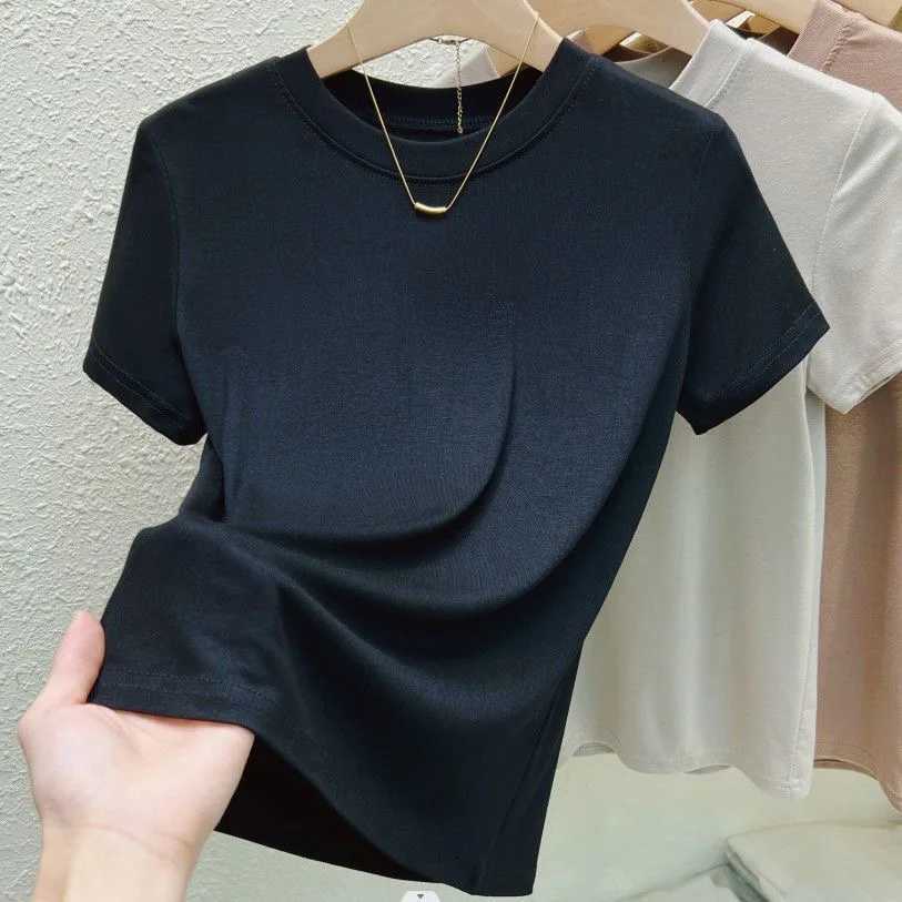 Womens Elastic Crew Neck T-Shirt Solid Ribbed Tops Pink Short Sleeve Tight Bottom Basic Shirt Casual Sexy Slim Summer Tops TeeT250228