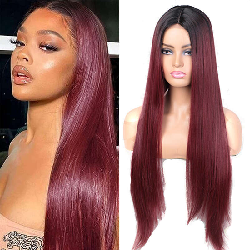 HD Front Lace Wig Front Gradient Wine Red Wig Women S Long Straight Synthetic Full Head Cover Lace Wigs