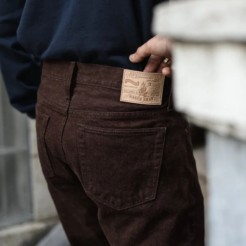Saucezhan Mens Jeans Brown Trousers Selvedge Denim for Men Taper Fit vintage 138 Oz 250228Z