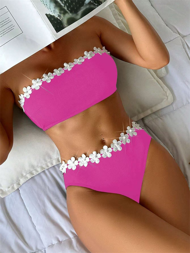 Women's 2 Piece Bikini Sets 3D Floral Appliques Colorblock Sleeveless Strapless High Cut Bandeau Swimsuits