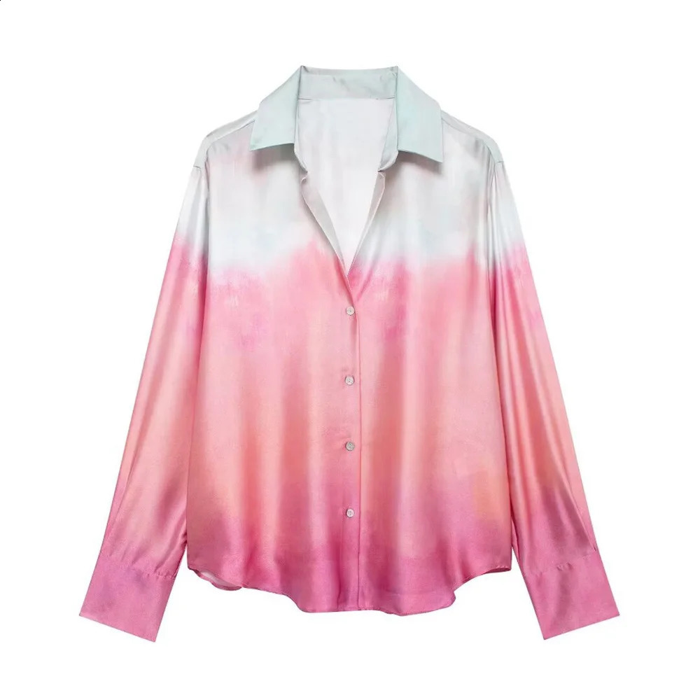 TRAF Autumn womens fashionable casual loose collar long sleeved tie dye printed shirt high waist wide leg pants set 250228