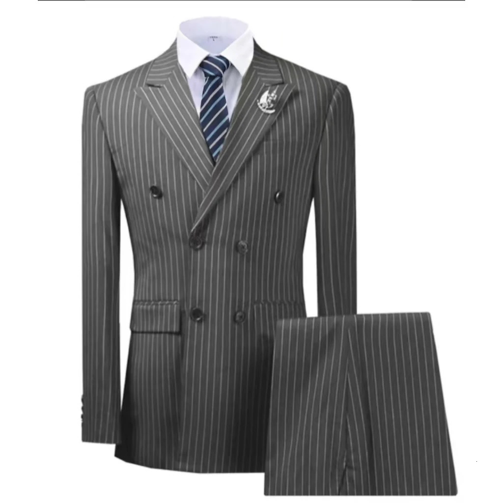 High Quality Mens Slim Striped Suit 2 Piece Blazer Pants Sets Double Breasted Slim Fit Casual Formal Suit Business 250224