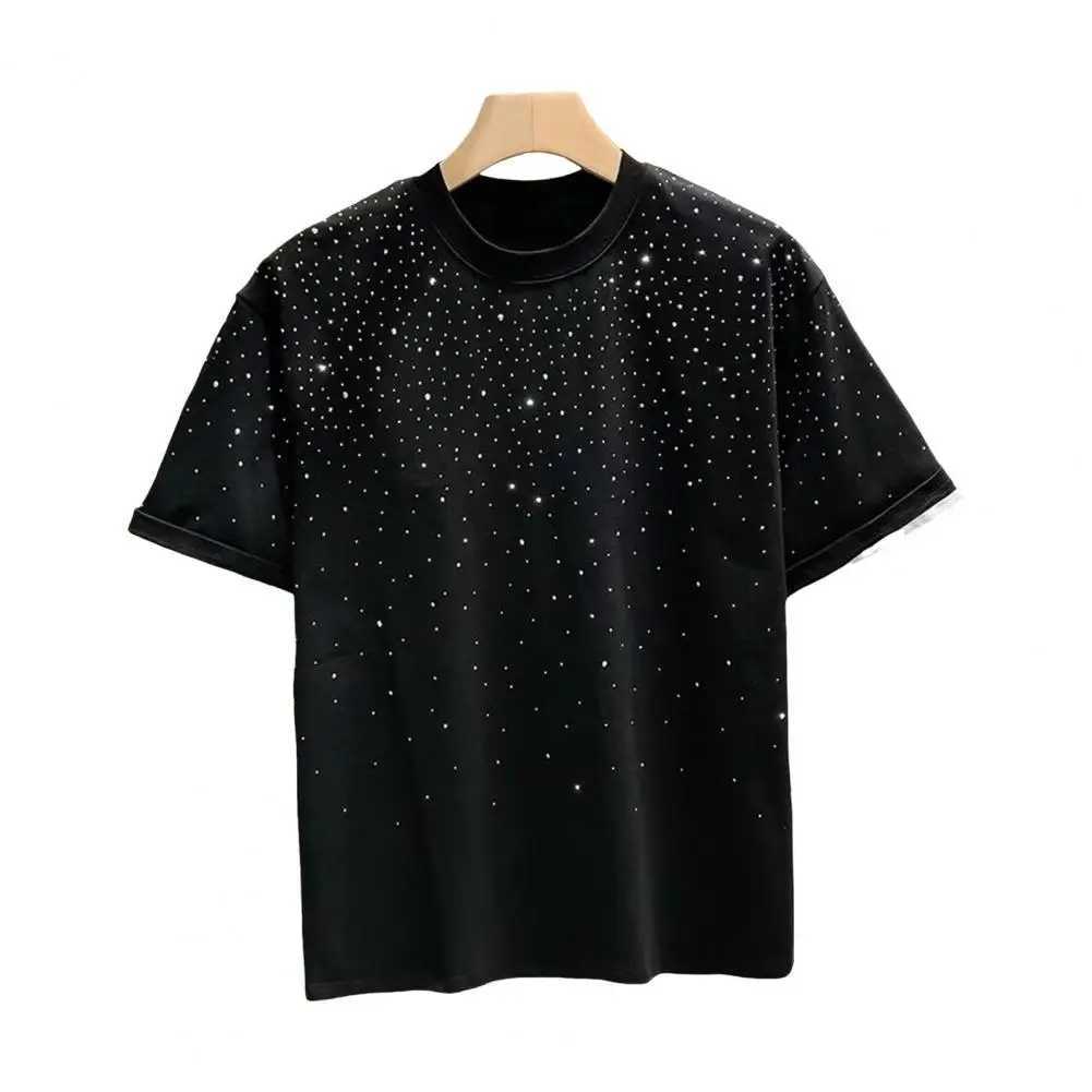 Loose Fit Men Top Men Rhinestone Design T-shirt Stylish Rhinestone-decorated Unisex Couple T-shirts Loose-fit for WearT250227
