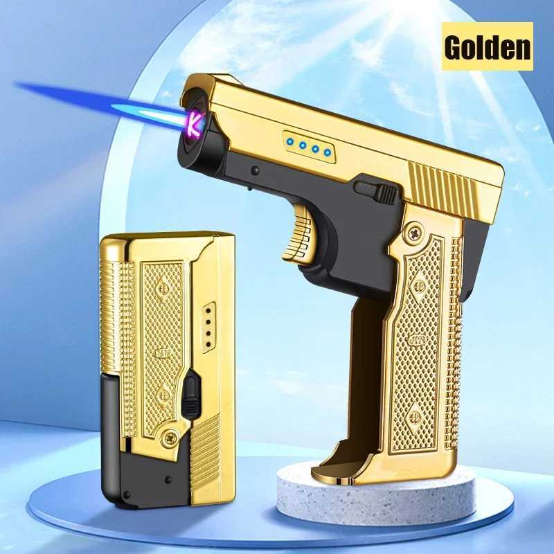 New Windproof Gas-Electric Plasma Type C USB Rechargeable Lighter Gift Men Folding Gun Butane Torch Turbo Jet Flame Cigar Lighter Y250228
