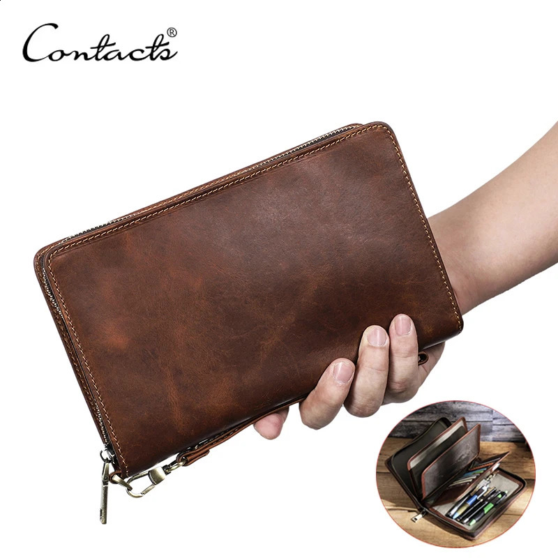 Ship from US CONTACTS Mens Clutch Bag Large Capacity Genuine Leather Male Wallet Zipper Card Purse Document Holder Passport Cover Walet 250228FBB