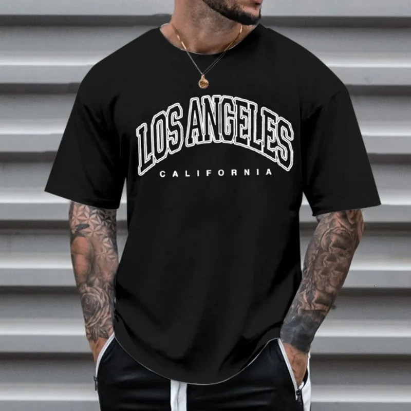 Los Angeles letter printed Tshirt fashionable mens European and American retro style short sleeved plus size 250312