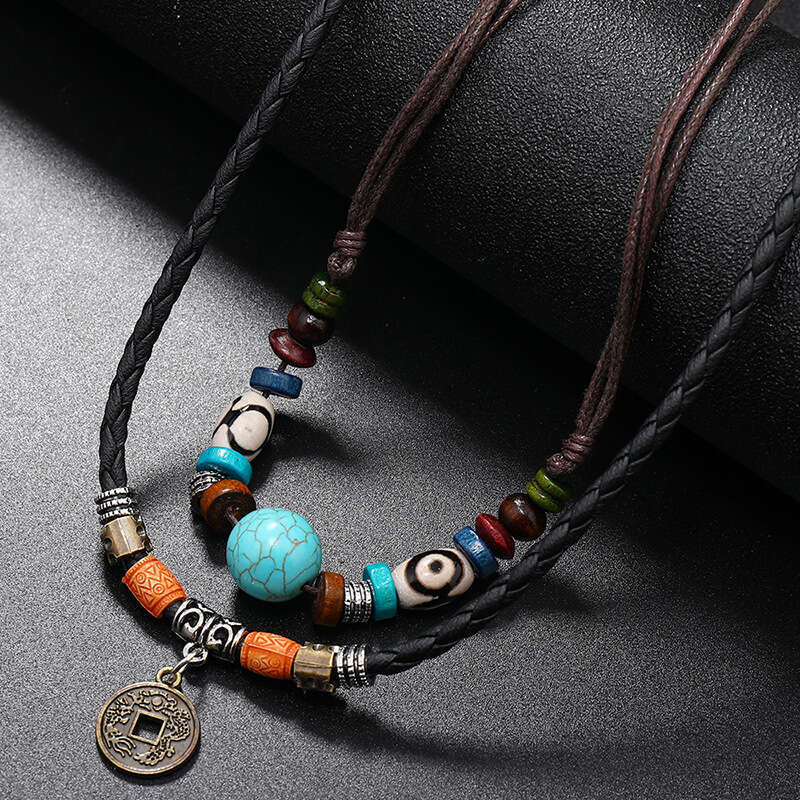 Wind multi-layer turquoise beaded woven leather with personalized alloy antique copper coin pendant for men's necklace