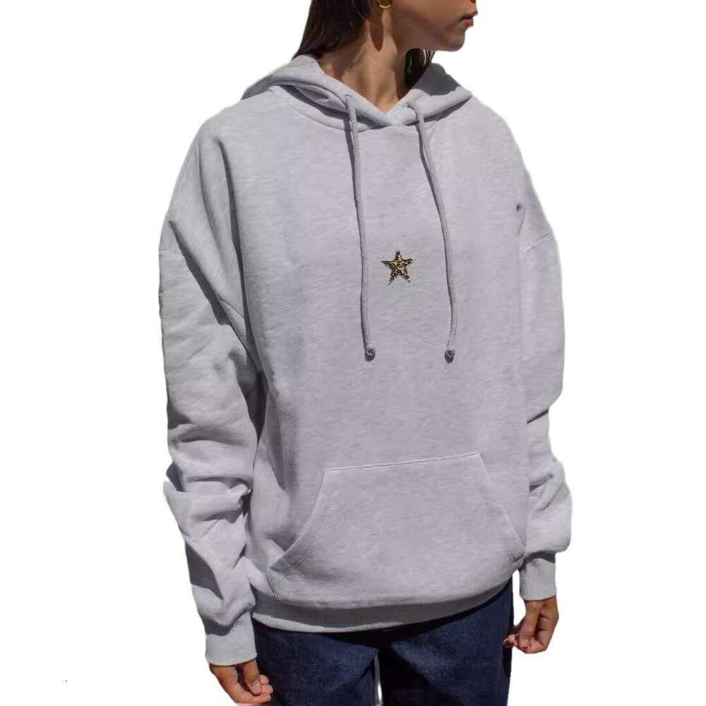New women's long sleeved star printed shoulder down hooded with drawstring sweatshirt