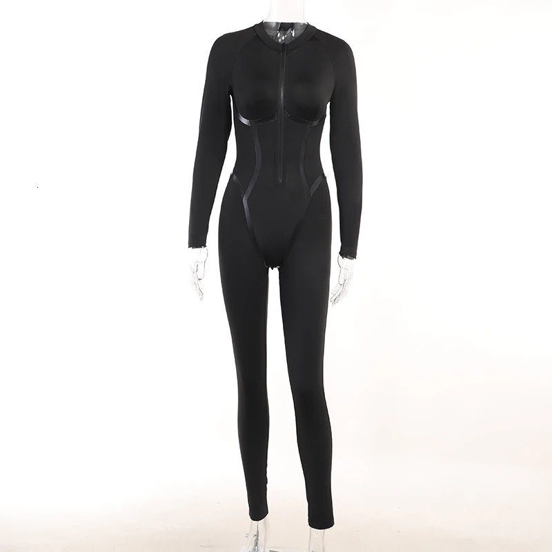 Black Sexy SkinnyJumpsuit Women Overalls O Neck Full Sleeve Zipper Sporty Jumpsuits Ladies Fashion Rompers Streetwear 250224