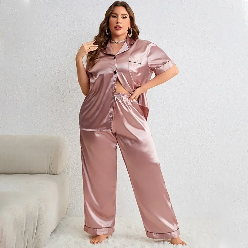 Plus Size Silk Satin Women Pajama Sets Solid Short Sleeves Top Long Pants 2 Pieces Sleepwear Notched Collar Button Nightwear 250226