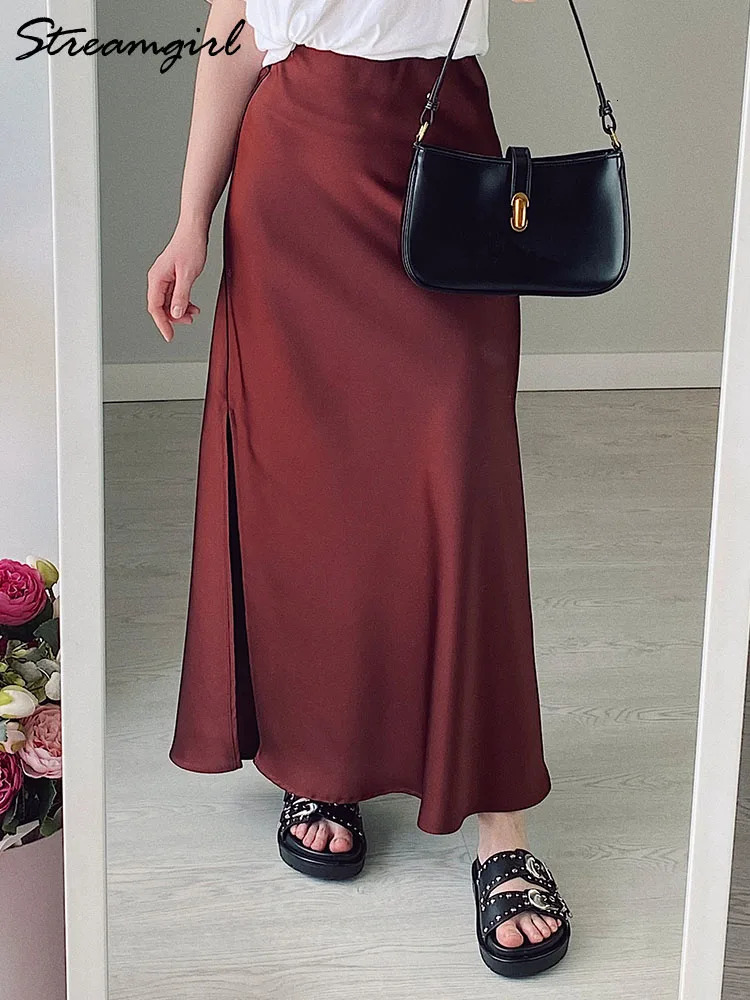 Black Slit Satin Silk Skirt Women Maxi Spring Summer 2025 Elegant A Line Slit Skirt Satin Ladies Office Long Skirts For Women 250227