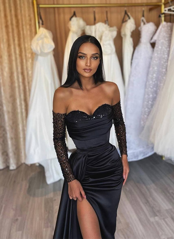 Sexy Black V Neck Prom Dresses Long Sequins Strapless A Line Formal Evening Gowns Side Split Custom Made Vestido De Novia Plus Size 03