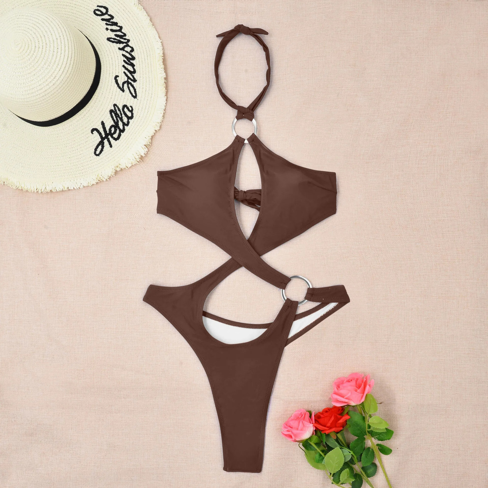 Black One Piece Swimsuit Woman Trikini Ring Linked Swimwear Thong Beachwear Woman Bathing Suits Ladies Holiday Pool Summer 250227