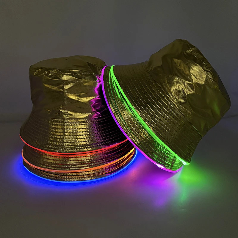 Golden Silver Glowing Light Up Bucket Hat LED Luminous Fisherman Cap Women Men Hip Hop Neon Panama Hats Performence Costume 250227