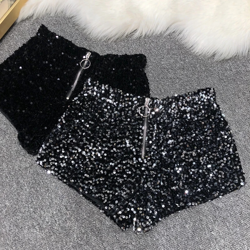 Whole Body The Sparkling Sequins Shorts Women Short Zipper Nightclub Woman Slim Fit for Silver and Black Sexy Shorts 250227