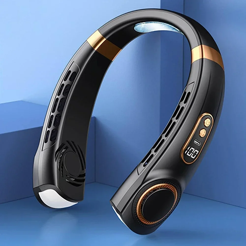 2025 New Portable Neck USB Handheld Mute LED Digital Display Leafless Mini Electric Fan Colorful Atmosphere Lights 5th Gear