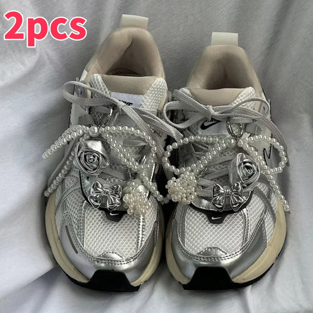 1pair Fashion Pearl Bowknot Shoelace Accessories Silver Jelly Color Bow Shoe Charms Sneakers Decorations DIY Phone Chain Jewelry 250218