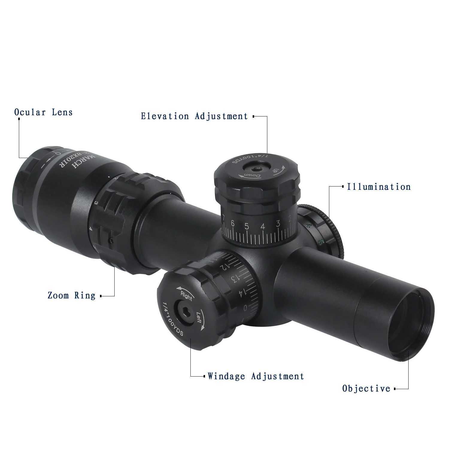 March 2-8x20 IR Tactical RiflesScope free mount Optics Rifle Scopes sight HD R/G Hunting Scopes night vision scope Sniper rifle X250228