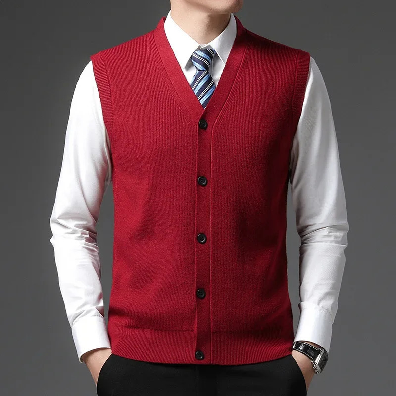 Mens winter knitted sweater vest mens solid color integrated wool cardigan top 250411Z