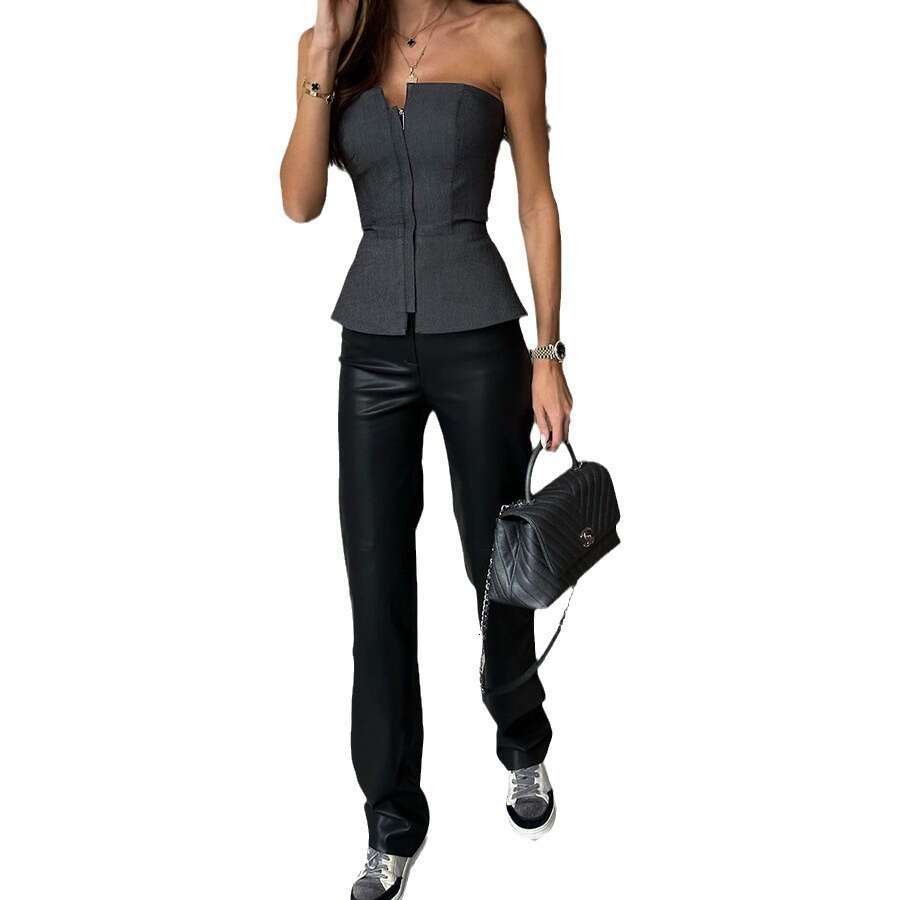 European and American Spring/Summer One Piece Collar Slim Fit Top Fashion Multi Color Zipper strapless 2025 Versatile New Trendy Clothing INS